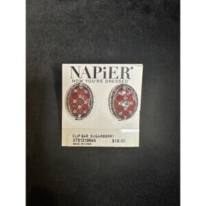 Napier Silver tone earrings with red enamel and pink rhinestones